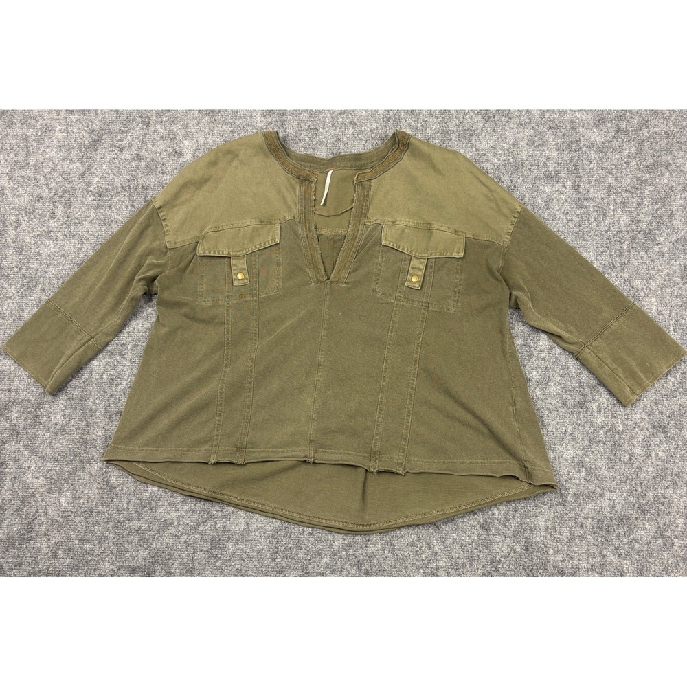 Free People We The Free Olive Green Mixed Media Military V-Neck Top Small